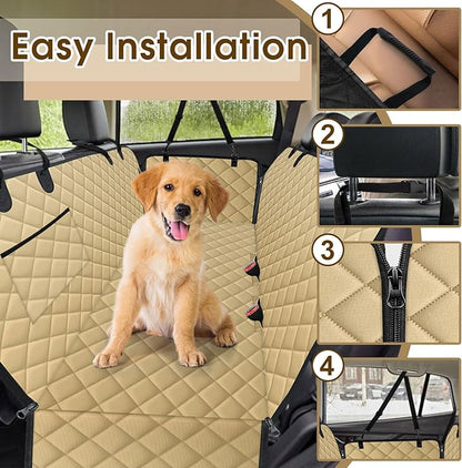 NECKORY Waterproof Dog Car Seat Cover for Back Seat - Durable, Scratch Proof Pet Hammock with Nonslip Design & Storage Pockets, Fits Cars, SUVs, Trucks - L, Khaki/Black