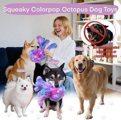 Clairooo Squeaky Dog Toys, Rainbow Crinkle Octopus, Plush Dog Toys for Chewing, Interactive, Soft Fabric for Small, Medium & Large Dogs, Daily Companionship, Training Reward, (Yellow)