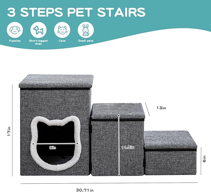 Crispedia Dog Stairs for Small Dogs, 3-Step Dog Ramp for Couch and Bed, Cat Stairs with Storage and Condo, Indoor Non-Slip Pet Stairs for Puppy, Older Cats, Arthritis-Friendly, Grey