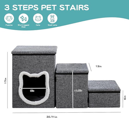 Crispedia Dog Stairs for Small Dogs, 3-Step Dog Ramp for Couch and Bed, Cat Stairs with Storage and Condo, Indoor Non-Slip Pet Stairs for Puppy, Older Cats, Arthritis-Friendly, Grey