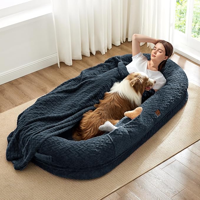 Human Dog Bed for Adult - Luxury Faux Fur Giant Size Dog Bed with Portable Handle, Egg Orthopedic Foam with Blanket, 72"x40"x10", Navy