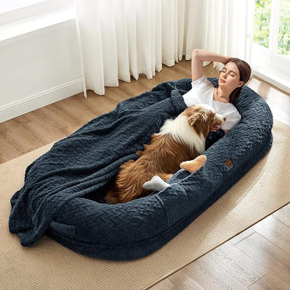 Human Dog Bed for Adult - Luxury Faux Fur Giant Size Dog Bed with Portable Handle, Egg Orthopedic Foam with Blanket, 72"x40"x10", Navy