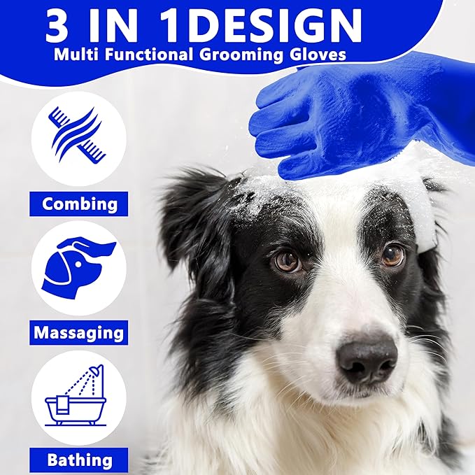 Pet Grooming Gloves—Heat Resistant Dog Washing Gloves with High-Density Teeth, Dog Bath Scrubber with Enhanced Five Finger Design, Silicone Gloves for Dogs and Cats Bathing, Massage (Dark Blue)