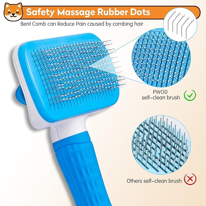 Dog & Cat Brush Kit 2PCS, Self Cleaning Slicker Brush for Pets, Dog Brush for Shedding Massaging and Grooming, Removes Loose Undercoat & Portable Comb for Long Short Haired Dogs(Blue)