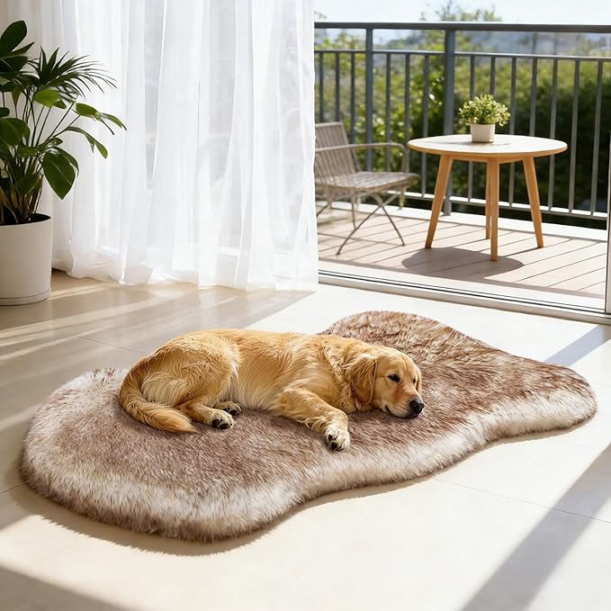 Welfibr 100% Waterproof Large Dog Bed Luxury Faux Fur Dog Mat Orthopedic Fluffy Dog Beds for Large Dogs Comfy Dog Beds Large Sized Dog Washable Dog Rug Bed with Removable Cover Non-Slip Dog Pad 50"