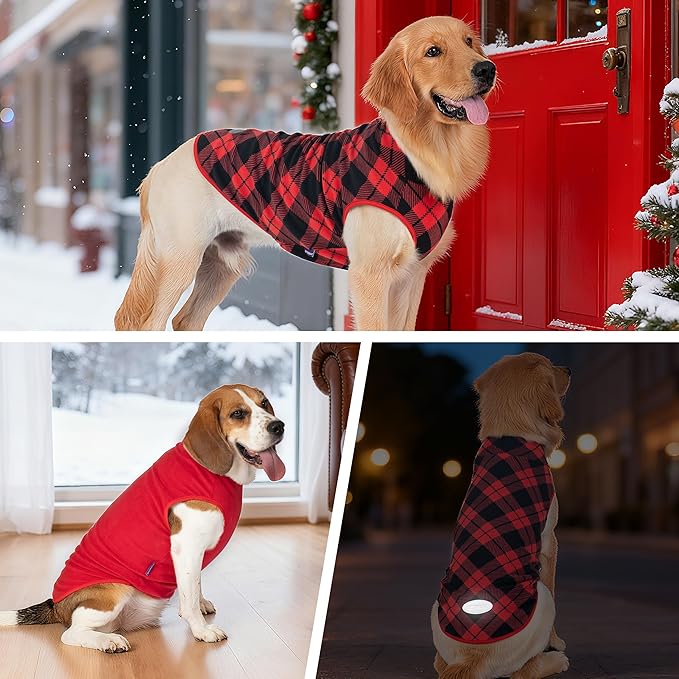 cyeollo 2 Pack Small Fleece Chritsmas Dog Sweater, Stretchy Pullover Soft Dog Jacket Reflective Female & Male Sweatshirt Pet Clothes Coats for Small Dogs Boy & Girl, Red & Buffalo Plaid L