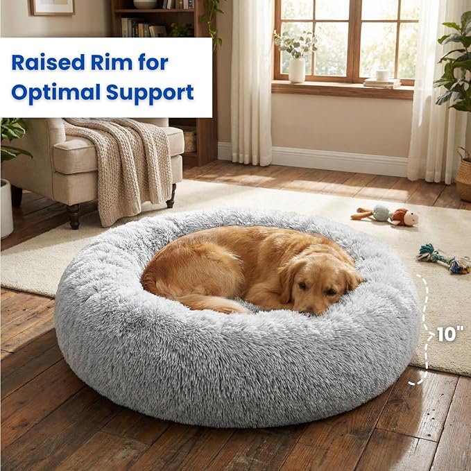 WisQoo Calming Donut Pet Bed – Plush & Supportive Round Bed with Extra Filling for Comfort – Removable Cover & Water-Resistant Liner – Cozy, Fluffy Nest for Dogs & Cats (Grey, 36" L x 36" W x 10”Th)