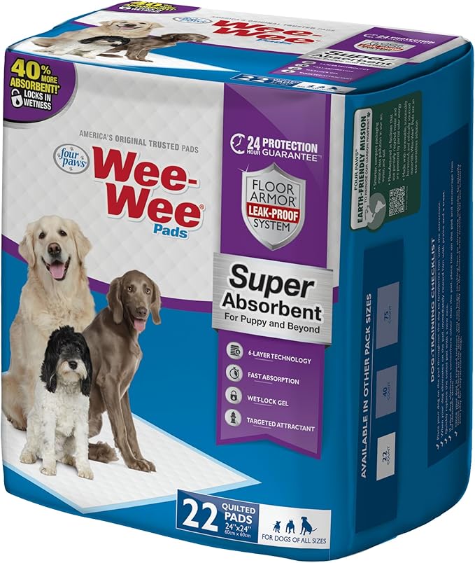 Four Paws Wee-Wee Super Absorbent Unscented Pee Pads for Dogs & Puppies with Insta-Rise Border, Leak-Proof Dog Housebreaking Potty Training Floor Protection, 24" x 24", 22 Count