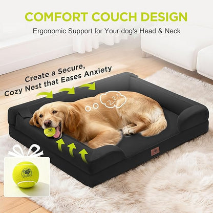 Extra Large Dog Bed, Orthopedic XL Washable Bed for Big Dog Waterproof Pet Couch Sofa Bolster with Removable Cover, Non-Slip Bottom, Tennis Ball Toy, 42x30