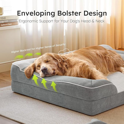 CWAWZ Dog Beds for Large Dogs, Orthopedic Dog Bed with Cooling Gel Memory Foam, Waterproof Large Pet Bed with Removable Washable Cover, 36" Pet Sofa Couch Dutch Velvet with Bone Toy, Light Gray