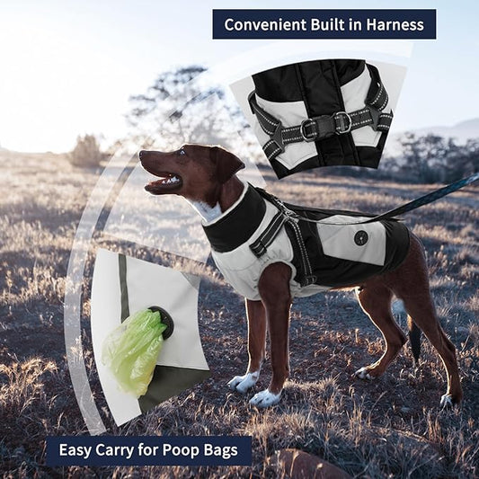 IECOii Dog Coat with Harness Built in - Black, Large - Waterproof Winter Coat, Fleece Lined Snow Jacket for Dogs