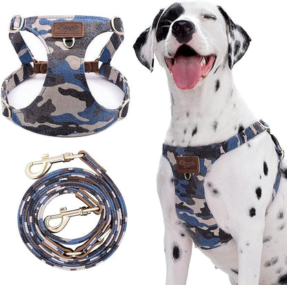 Puppytie No Pull Dog Harness with Multifunction Dog Leash,Soft Adjustable No Choke Escape Proof Pet Harness Vest (Camouflage Blue, M)