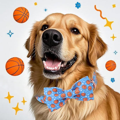 Cute Boy Dog Collar with Bow Tie - Adjustable Blue Basketball Bowtie Collar Spring-Summer Breathable Comfort Dog Collars for Small Medium Large Dogs M