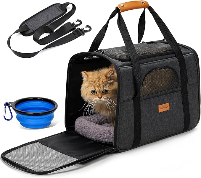 Morpilot Pet Travel Carrier Bag, Soft-Sided Dog Carrier Cat Carrier Pet Carrier, for Large Cats and Medium Puppies up to 25lbs, with Locking Safety Zippers, Foldable Bowl (Dark Gray)