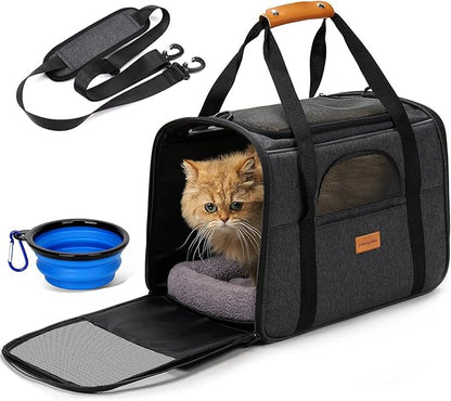 Morpilot Pet Travel Carrier Bag, Soft-Sided Dog Carrier Cat Carrier Pet Carrier, for Large Cats and Medium Puppies up to 25lbs, with Locking Safety Zippers, Foldable Bowl (Dark Gray)