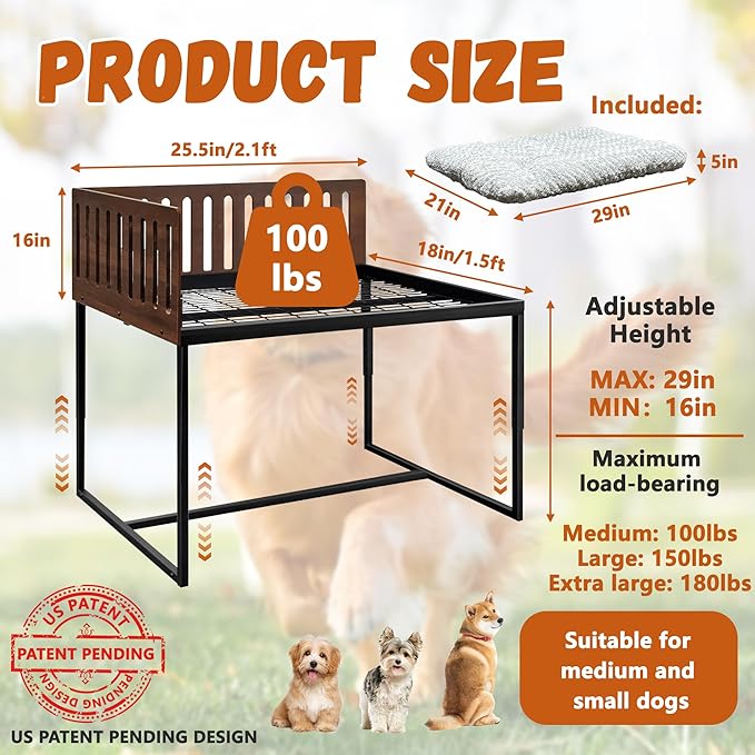 Beside Dog Bed,2 Panels Adjustable Height Dog Bunk Beds,25.5‘’x18‘’Metal Dogs Bed Frame with Cushion,Medium
