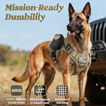 rabbitgoo Tactical Dog Harness Medium Sized, No Pull Upgraded Reflective Heavy Duty Molle Vest with Handle, Adjustable Military Service Dog Vest for Walking Hiking Training, Brown, M