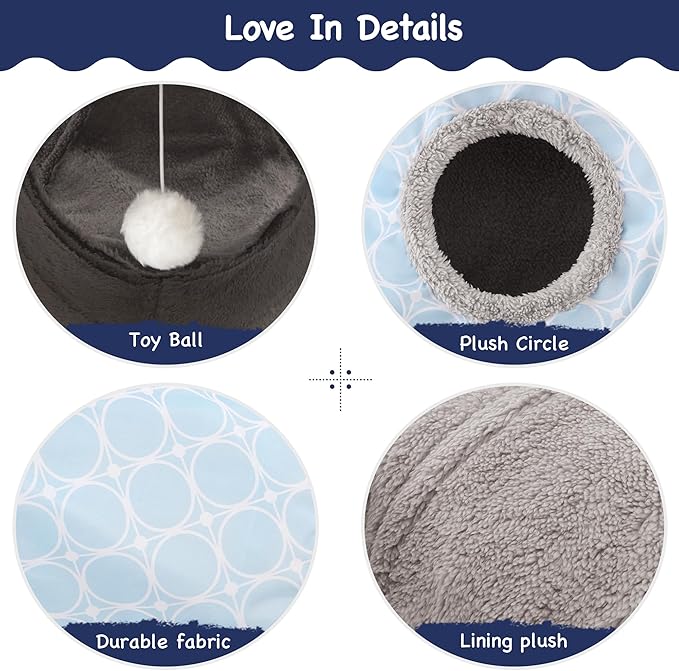 Tempcore Cat Tunnels for Indoor Cats Fleece-Lined in for Warmth, Pet Tube Toys 3 Way Collapsible, Pet Play Tunnel with Peek Hole Toy Ball for Kitty, Kitten, Rabbit, Geometry Blue