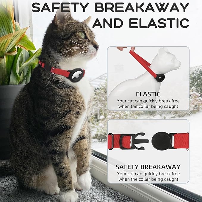 AirTag Cat Collars, Stretchy Collar with Apple AirTag Holder and Bell, Breakaway Ultra Design Elastic GPS Tracking Collars for Cats and Puppies, (7.5-12.5 Inch), Red