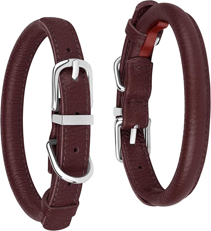 OOPSDOGGY Rolled Leather Dog Collar Soft Roll Collars for Small Medium Large Dogs Puppy (Burgundy, XS, 8"-11")