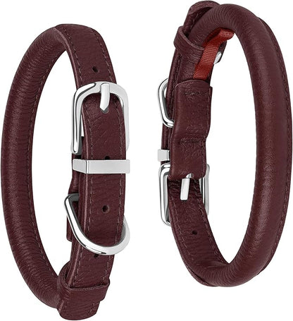 OOPSDOGGY Rolled Leather Dog Collar Soft Roll Collars for Small Medium Large Dogs Puppy (Burgundy, XS, 8"-11")