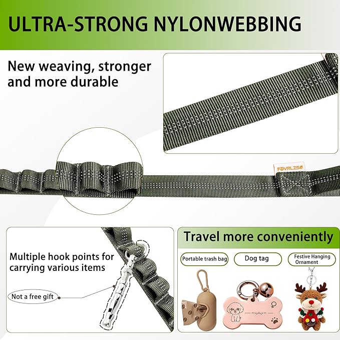 Reflective Heavy-Duty Dog Leash Adjustable 4–5 ft Shock-Absorbing Leash with Padded Handle & Traffic Handle, Equipped with 360° Tangle-Free Metal Clasp, Suitable for All Dog Sizes (Olive Green)