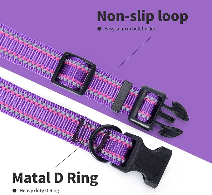 Mile High Life Reflective Dog Collar, Basic Dog Collars Adjustable Quick Release, Soft Nylon Pet Collar with Metal D-Ring for Small Medium Large Dogs (Purple, XS Neck9-13")
