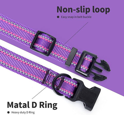 Mile High Life Reflective Dog Collar, Basic Dog Collars Adjustable Quick Release, Soft Nylon Pet Collar with Metal D-Ring for Small Medium Large Dogs (Purple, S Neck11-15")