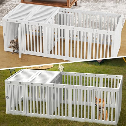 AOOLE Dog Playpen with Door & Cover Top,18*Fence Panel Puppy Playpen, 2 Room Dog Crate, Pet Playpen for Small & Medium Dogs, Puppy Play Pen for Indoors & Outdoor