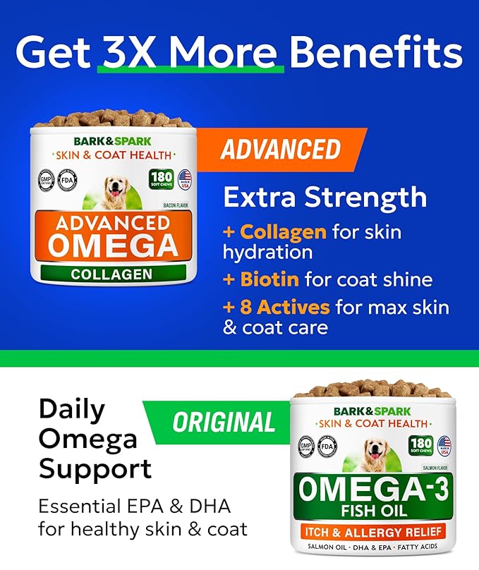 BARK&SPARK Advanced Omega-3 Collagen for Dogs - 180 Fish & Salmon Oil Treats for Dog Shedding, Skin Allergy Chews, Itch Relief, Hot Spots Treatment - Joints, Skin&Coat Supplement, EPA&DHA Fatty Acids
