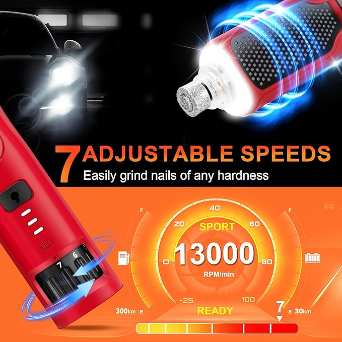 7-Speed Dog & Cat Nail Grinder with Light - Ring LED Safe to Avoid Overcut, Quiet Low Vibration & Powerful Fast, Cordless Rechargeable Toenail Trimmer for Small & Large Puppy & Breeds Paws(Red)
