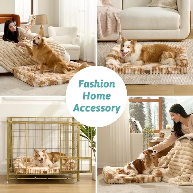COZY KISS Cute Dog Bed for Medium Dogs, Faux Rabbit Fur Orthopedic Foam Dog Bed with Sides, Removable Washable Cover & Waterproof Lining, Comfortable Pet Couch, Tie-Dye Brown (36" L x 20" W x 6" Th)