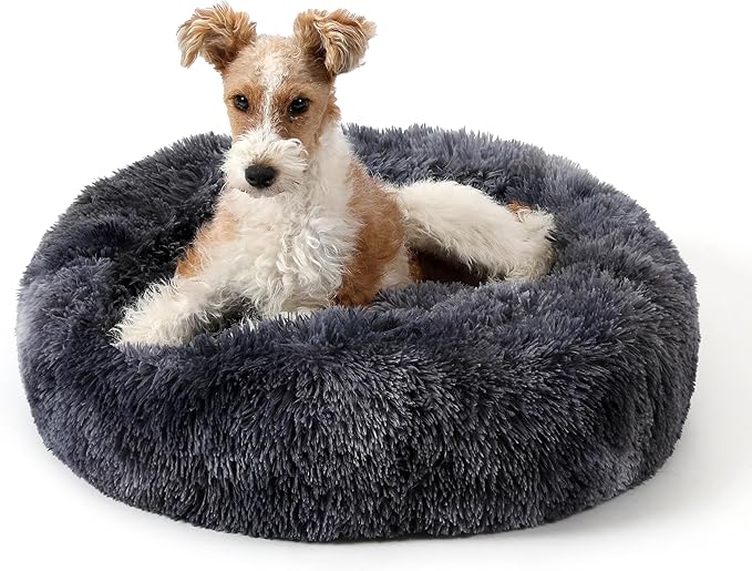 NOYAL Calming Donut Dog Bed for Small to Medium Dogs & Cats - Plush Faux Fur Anti-Anxiety Pet Bed with Machine Washable Cover & Non-Slip Base