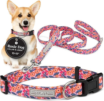 Lucky Love Dog - Easy Click Buckle Dog Collar with Leash Set Combo, Durable & Comfortable for Male & Female Dogs, Pet Collar for Small Dogs, Secure Fit - Floral Rosie Combo, Small