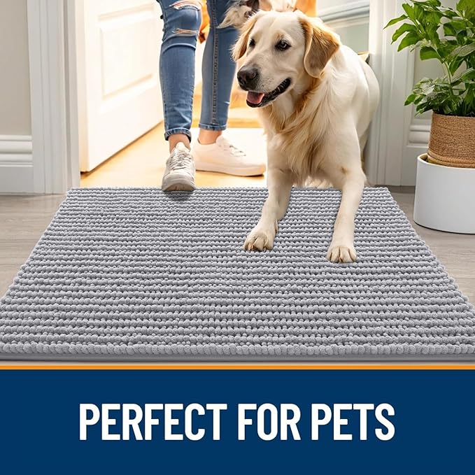 OLANLY Dog Door Mat for Muddy Paws 30x20, Ultra Absorbent Chenille Mud Doormat, Non-Slip Washable and Dirt Trapping Doormat for Indoor Entryway, Quick-Dry Indoor Pet Bed Mats for Dogs, Light Grey