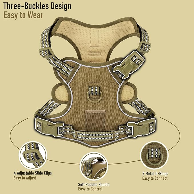 XSmall No Pull Dog Harness, Adjustable Dog Vest for Easy Walking, Breathable Oxford Material, Reflective Pet Vest Harness with Metal Front Clip Control, Terriers, Havanese, Army Green, XS