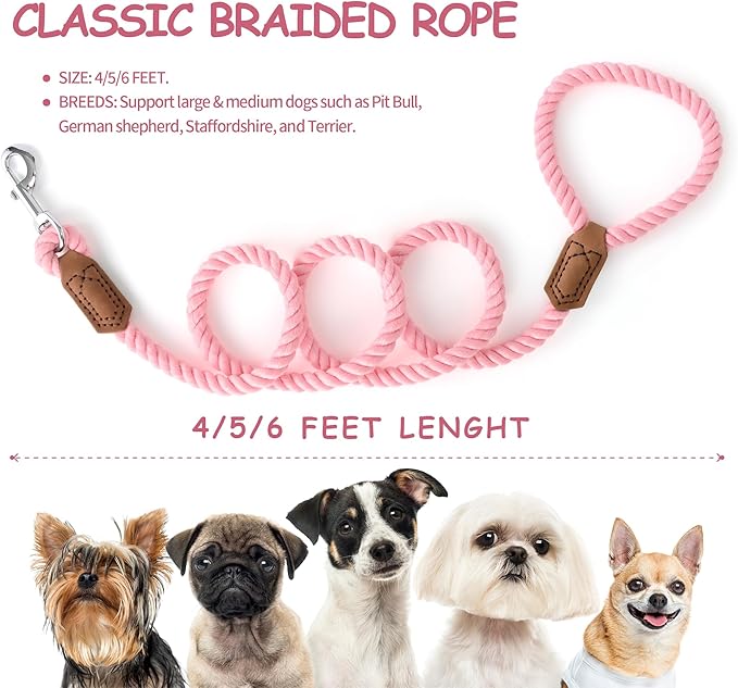 Mile High Life Dog Leash, Braided Cotton Rope Leashes with Leather Tailor Tip with Leather Tip - Heavy Duty Metal Clasp, 4FT, 1/2" Thick - Wedding, Walking Leash for Medium Large Dogs(Pink)