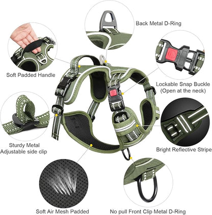 Timos Dog Harness Large Sized, No Pull Pet Harness with Neck Lockable Snap,No Choke Front Clip Dog Reflective Vest,Adjustable Metal Rings 3 Buckles,Easy Control Handle for Large Dogs Green XL