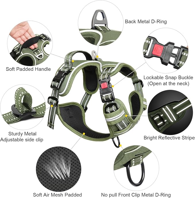 Timos Dog Harness Large Sized, No Pull Pet Harness with Neck Lockable Snap,No Choke Front Clip Dog Reflective Vest,Adjustable Metal Rings 3 Buckles,Easy Control Handle for Large Dogs Green L