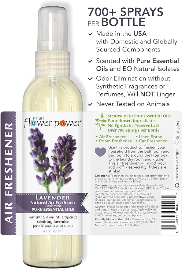 Natural Flower Power Air Freshener Spray - Odor Eliminator with Essential Oils for the Home, Car & Fabric - Cruelty Free & Vegan - 3 Pack - Lavender - 3 x 4 oz