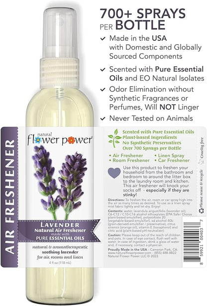 Natural Flower Power Air Freshener Spray - Odor Eliminator with Essential Oils for the Home, Car & Fabric - Cruelty Free & Vegan - 3 Pack - Lavender - 3 x 4 oz