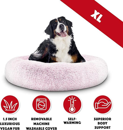 The Dog’s Bed Sound Sleep Original Calming Dog & Cat Bed, Anti-Anxiety Rose Pink Fur Donut Nest Snuggler, with Removable Cover, Veterinary Approved