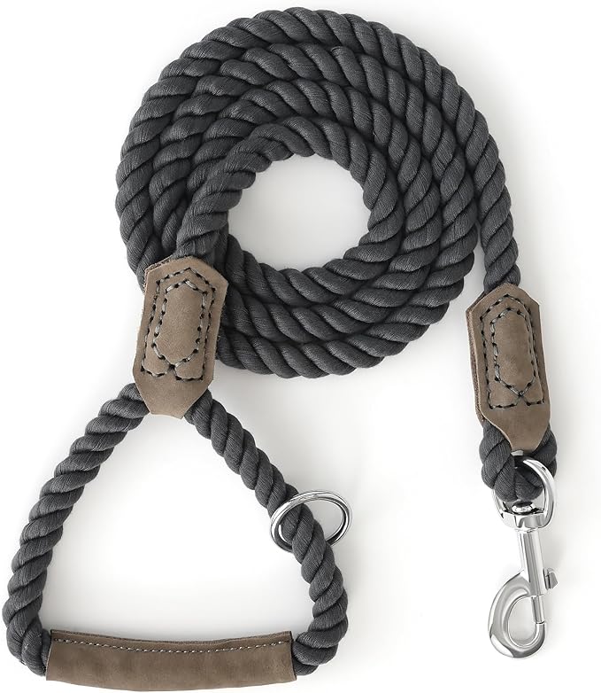 Mile High Life Dog Leash, Braided Cotton Rope Leashes with Leather Handle - Heavy Duty Metal Clasp, 6FT, 1/2" Thick - Wedding, Walking & Training Leash for Small Medium Large Dogs (Gray)