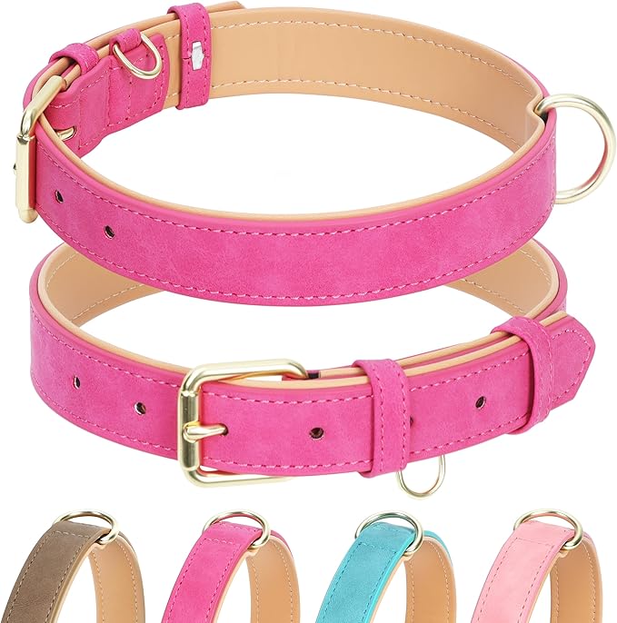 Leather Dog Collar for Small Medium Large Dogs, Soft Padded Dog Leather Collar with Heavy Duty Gold Buckle, Durable & Comfortable for Puppy Dogs Daily Walking (Hot Pink, XS)