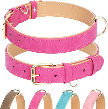 Leather Dog Collar for Small Medium Large Dogs, Soft Padded Dog Leather Collar with Heavy Duty Gold Buckle, Durable & Comfortable for Large Dogs Daily Walking (Hot Pink, L)