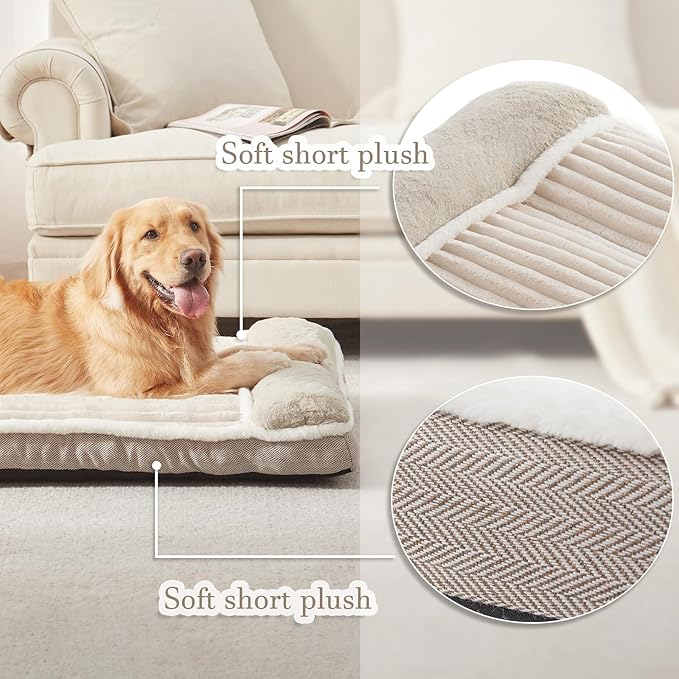 Dog Bed for Large Dogs, Dog Mattress with Pillow for Crate Kennel, Sofa pet Bed, Super Soft pet Bed for Medium, Jumbo, Small Dogs Breeds (Beige, Medium:(30”x20 x3