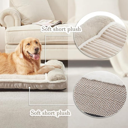 Dog Bed for Large Dogs, Dog Mattress with Pillow for Crate Kennel, Sofa pet Bed, Super Soft pet Bed for Medium, Jumbo, Small Dogs Breeds (Beige, Medium:(30”x20 x3
