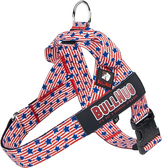 BULLHUG Adjustable Dog Harness– No Pull, No Choke – for English Bulldogs, French Bulldogs, Pugs & Broad-Chested Breeds – Easy, Safe Walks (Star & Strips, XL)