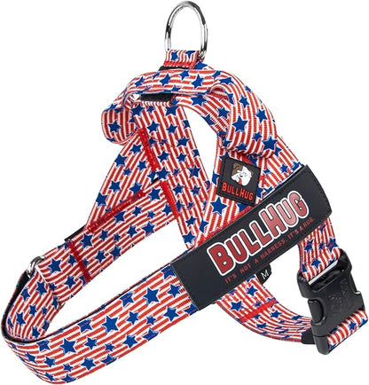 BULLHUG Adjustable Dog Harness– No Pull, No Choke – for English Bulldogs, French Bulldogs, Pugs & Broad-Chested Breeds – Easy, Safe Walks (Stars & Strips, Large)
