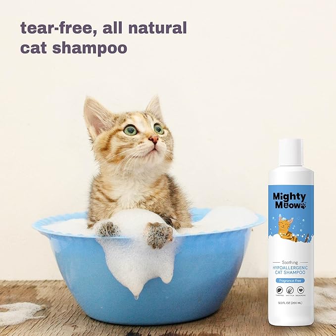 Mighty Meow Soothing Hypoallergenic Cat Shampoo – Easy at-Home Cat Grooming | Deodorizes | Gentle & Anti-Itch | Natural & Allergy-Safe Cat Shampoo Sensitive Skin – Fragrance Free | 9 fl oz